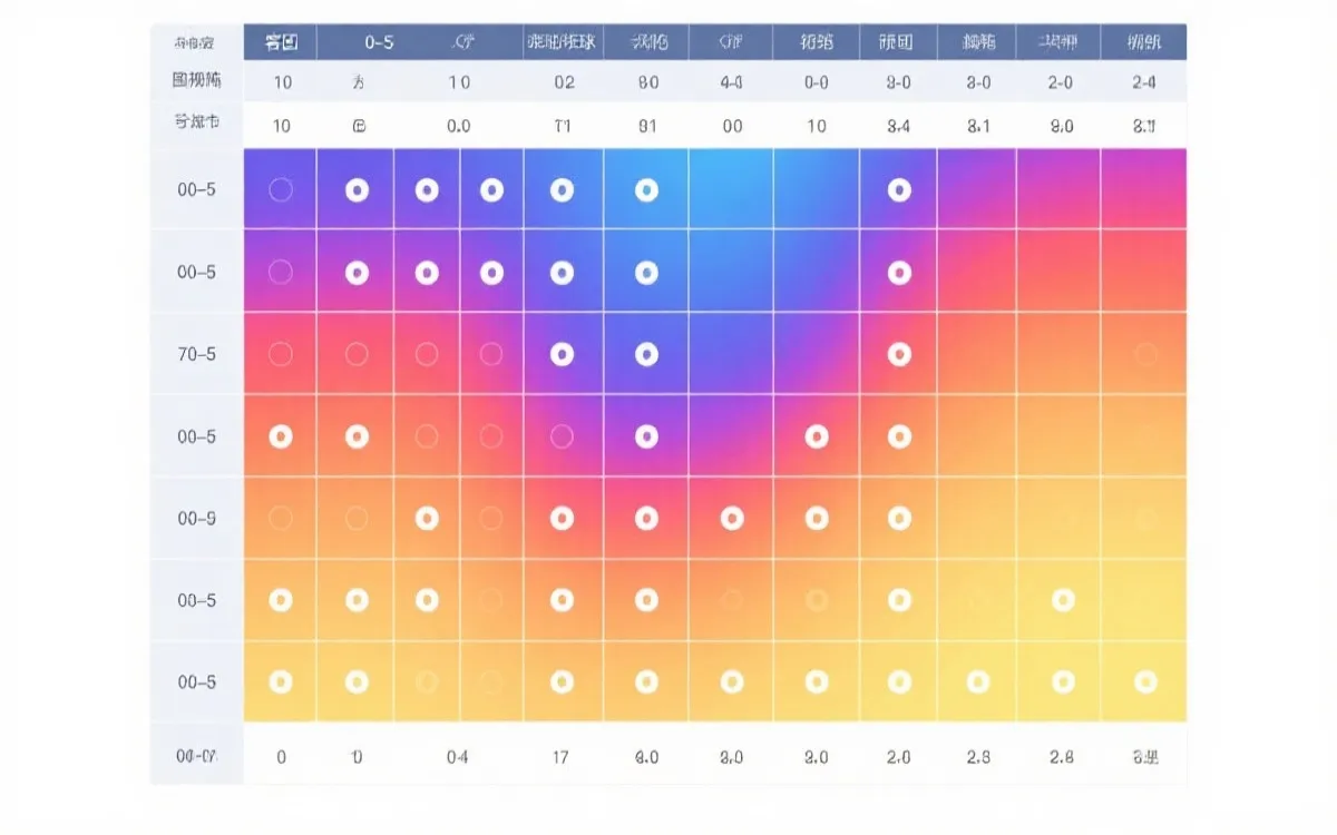比分概率矩阵热力图示意:横轴客队进球0-5,纵轴主队进球0-5,颜色表示概率